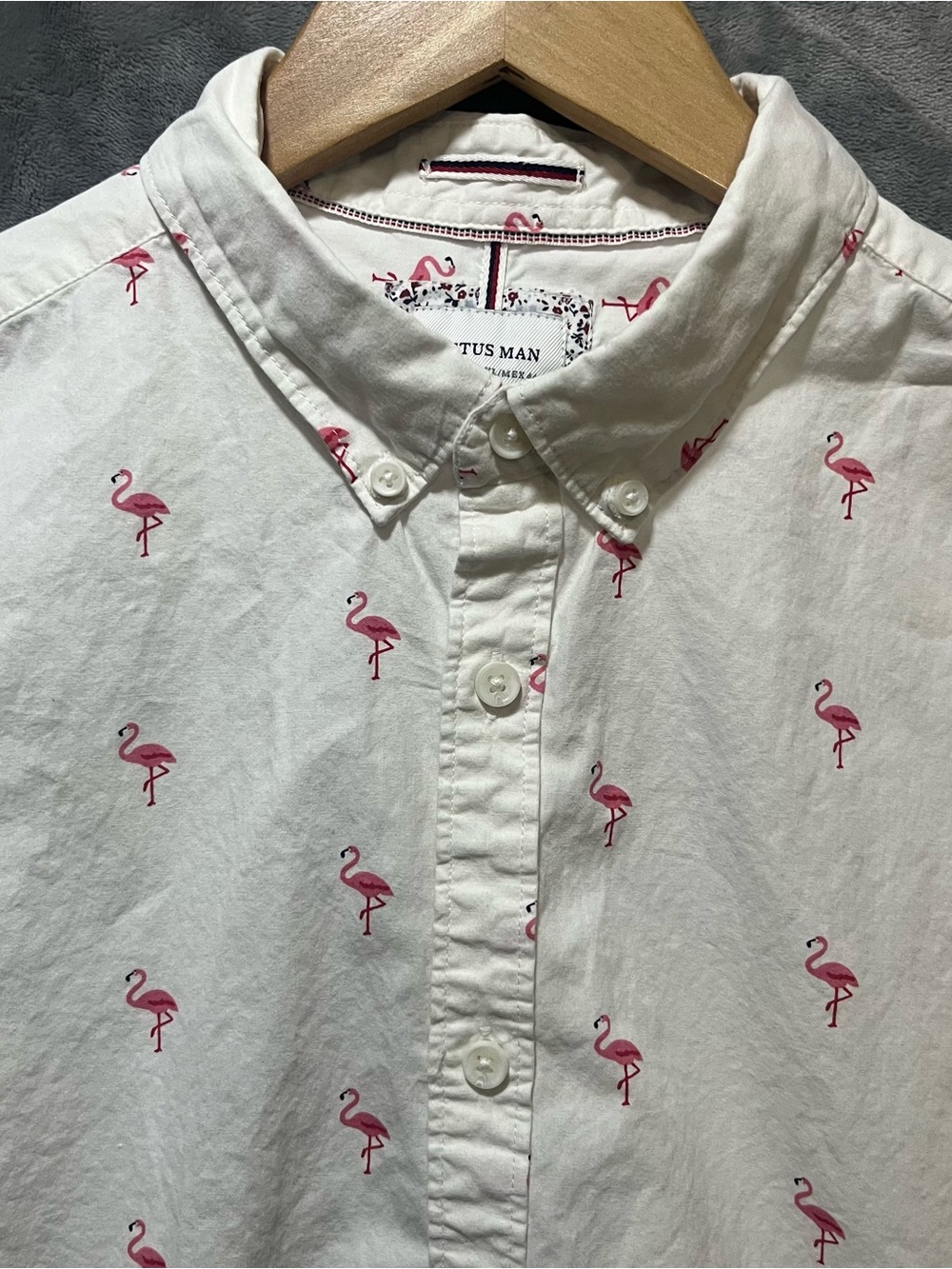 Cactus Man White Button-Down Shirt with Pink Flamingo Print